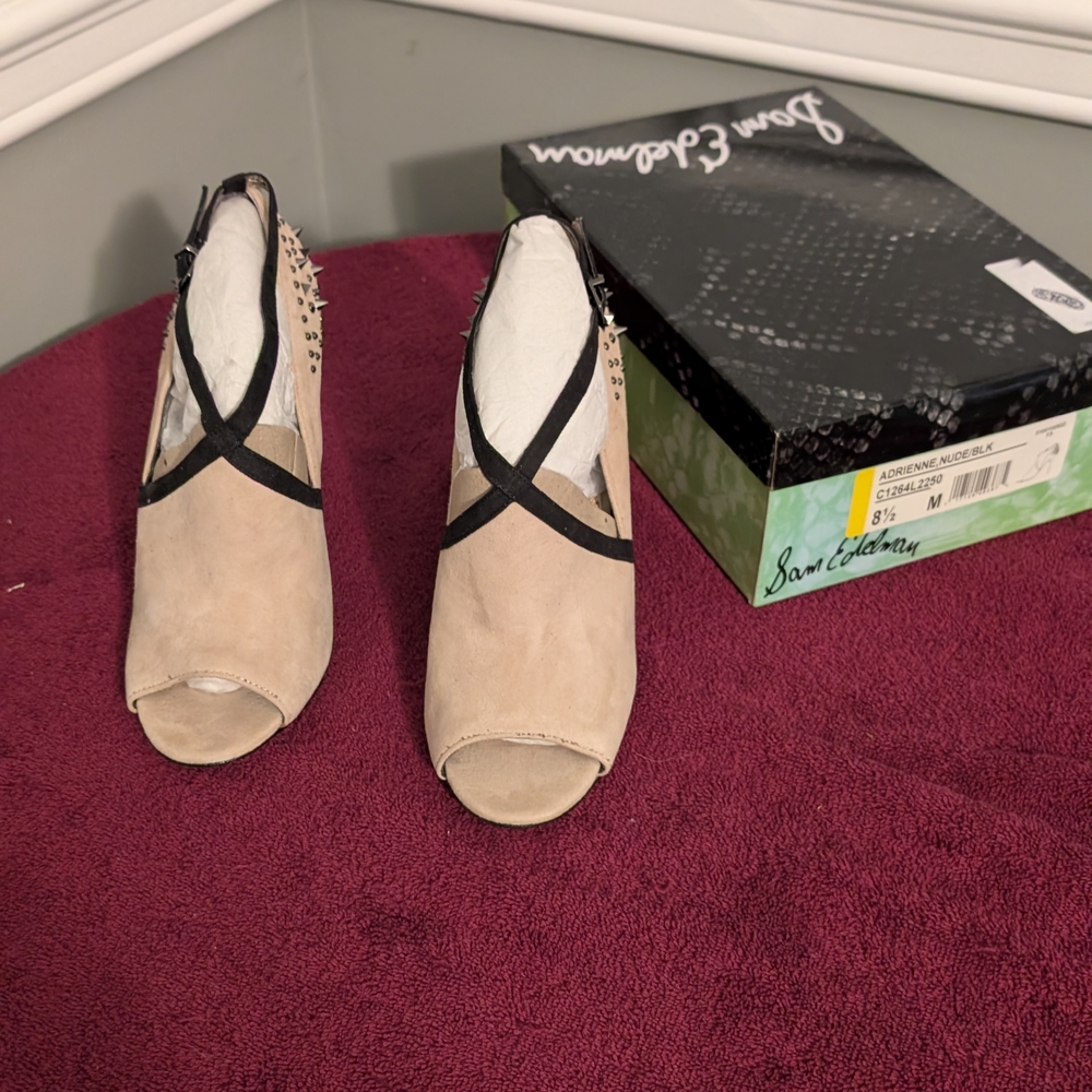 Sam Edelman Adrienne Tan and Black Peep-Toe Heels